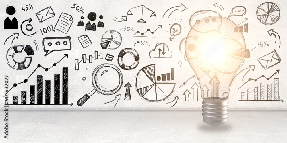 Aufkleber lightbulb illuminating various business strategy sketches on a wall. 3d rendering