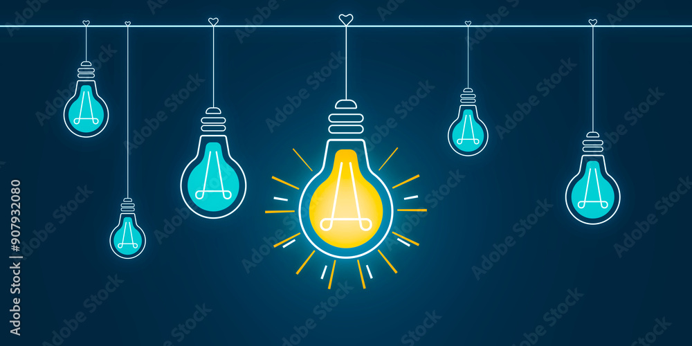 Aufkleber bright lightbulbs hanging on strings against a dark background. 3d rendering