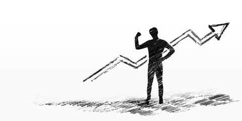 Silhouette of a Confident Person with Rising Arrow Graph on White Background.