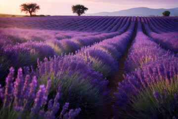Fototapeta premium Serene lavender fields at dawn, with rows of purple blooms under a pastel sunrise sky.
