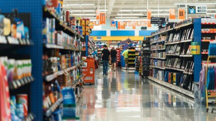Grocery store aisle with blurred shoppers.