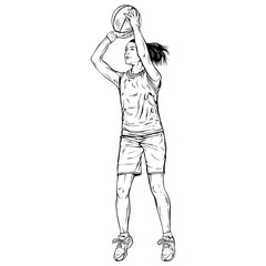 Fototapeta premium Female basketball player. Vintage line engraving style. Hand drawn silhouette illustration.