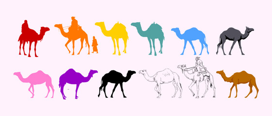 Set of silhouettes camel animal icon character vector illustration. Flat style isolated on white background.