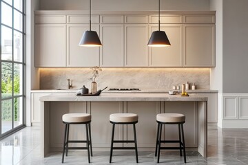 Light kitchen interior with bar countertop and cooking area, window. Empty wall, Generative AI