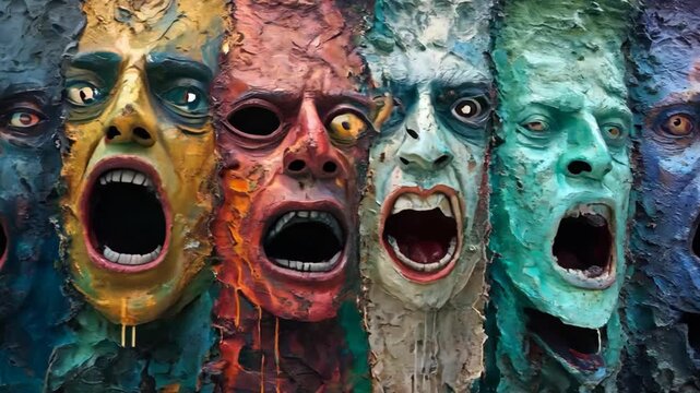 scarry haunted zombie ghost faces on wall, Halloween background design