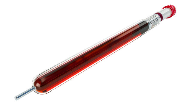 Close-up of a glass hydrometer with red liquid. Used for measuring liquid density in brewing, winemaking, and scientific research.