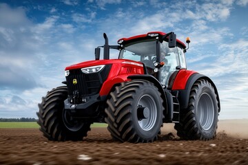 Obraz premium new tractor in the soft background, working in a field and driving at a farm site in summer. 