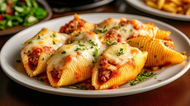 A plate of stuffed pasta shells with red sauce and cheese, presented in an Italian restaurant setting. 