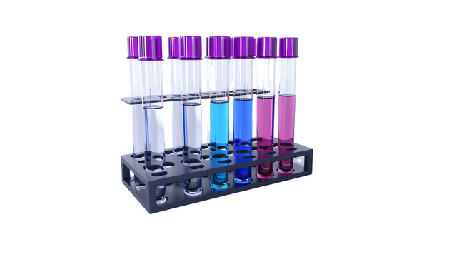 Colorful test tubes filled with various liquids arranged in a rack, isolated on a white background, ideal for science or laboratory themes.