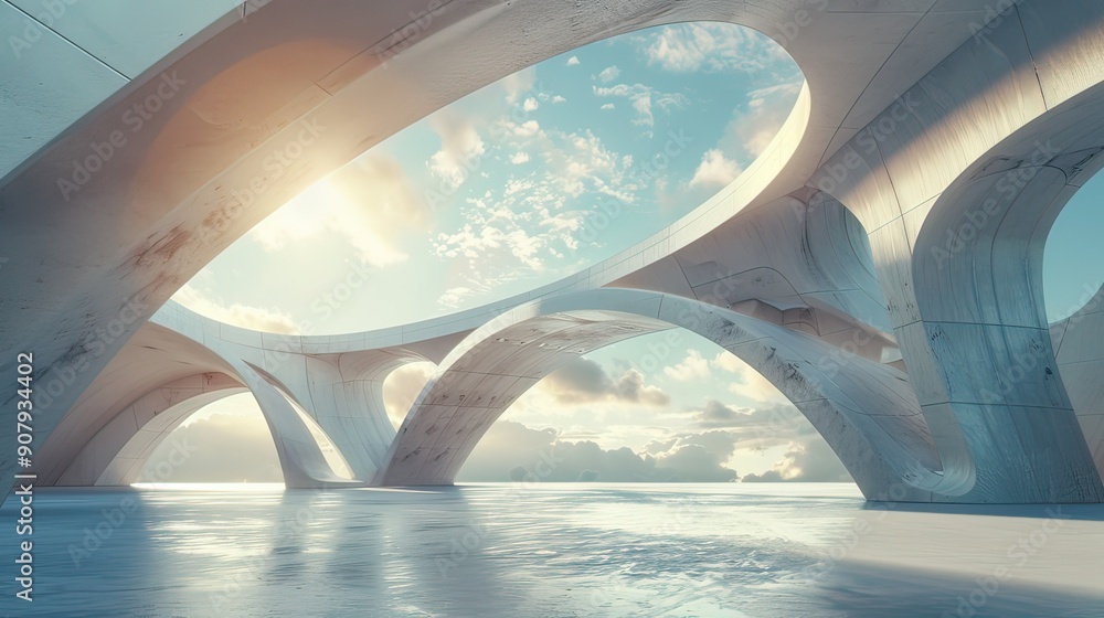 Poster 3d render of abstract futuristic architecture with empty concrete floor.
