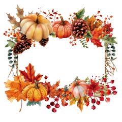 Fototapeta premium Colorful autumn wreath featuring pumpkins, berries, pine cones, and maple leaves, perfect for seasonal decorations. Autumn Frame with Pumpkins and Colorful Leaves