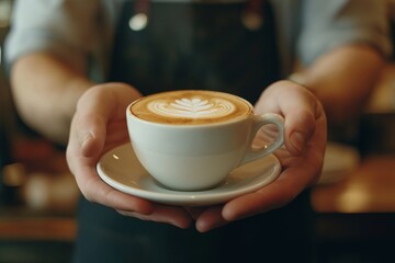 Barista Holding a Cup of Latte, Cappuccino, or Coffee with Art, Close-Up. Ideal for Coffee Shop Promotions, Beverage Marketing, and Artistic Visuals. Barista Skills, Cafe Culture, and Warm Drinks.