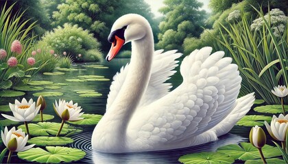 Obraz premium An illustration of a mute swan in a lake