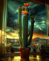 A vibrant cactus in full bloom, beautifully showcased against a dramatic sunset view through a window, enhancing indoor serenity.