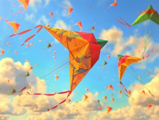 Medium shot of a colorful makarsankranti poster, themed background, bright tonality. 