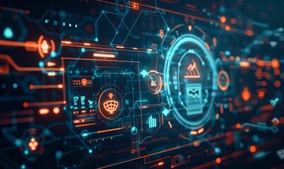 Glowing risk management hologram with safety icons and indicators, Generative AI