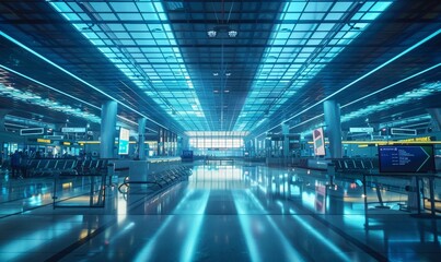 Fototapeta premium Illuminated airport hall with futuristic blue light and information desk mockup. Travel and technology concept. Generative AI