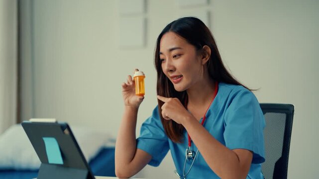 Nurse provides medication instructions to a patient during an online consultation. Get healthcare guidance virtually from a medical professional