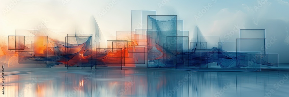 Poster colorful gradient rectangles surrounding central blue shape in artistic composition during daylight