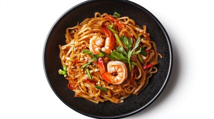 Black plate with udon noodle pad thai and shrimp, isolated on white background. Perfect for menu photography