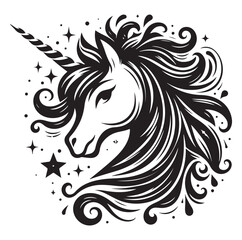 Unicorn simple vector silhouette black and white.