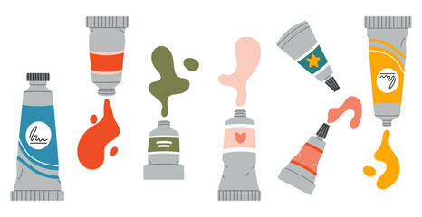 Set of paints for drawing, tubes of oil paint, acrylic, gouache or watercolor. Art supplies. Trendy modern vector illustration isolated on white, hand drawn, flat design