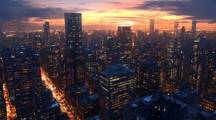 Fototapeta premium A stunning aerial view of a city skyline at dusk, showcasing tall buildings with glowing windows and streets illuminated by city lights.