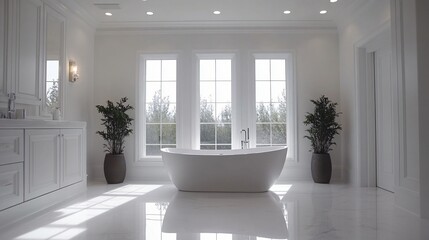 Fototapeta premium A bright, minimalist bathroom featuring a sleek freestanding tub, large windows, and natural light, creating a serene and modern ambiance.