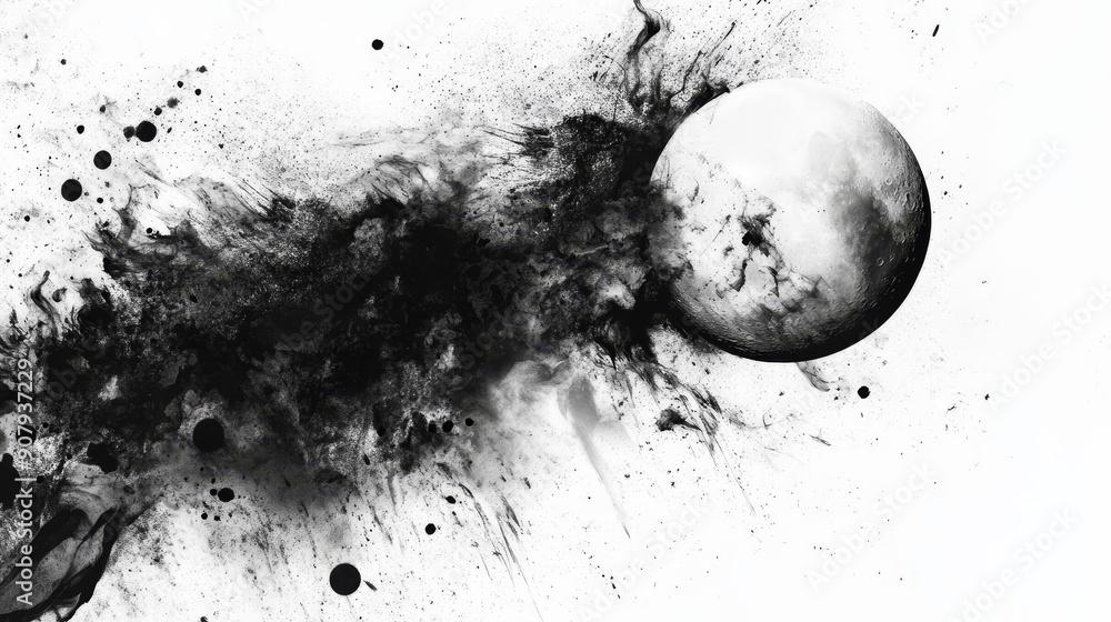 Poster an abstract black and white image of an ink splash in the shape of a cloud, with a moon in the cente