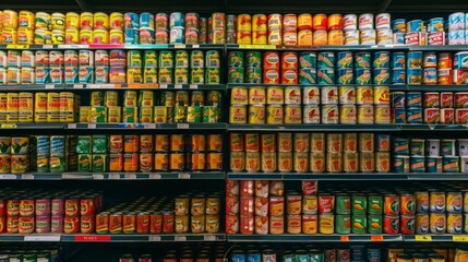 Colorful Canned Goods on Supermarket Shelves.