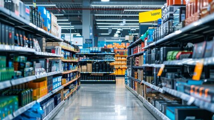 Supermarket Aisle with Shelves Full of Products.