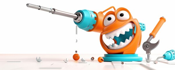 Playful cartoon character resembling a drill, featuring an excited expression, surrounded by scattered tools and parts on a white background.
