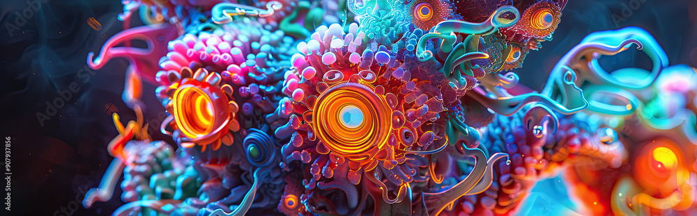Poster Vibrant Luminous Biomorphic Claymation Forms in Surreal Grotesque Display Under Dynamic Lighting