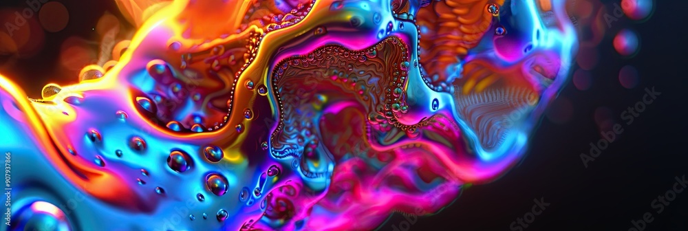Poster vibrant neon biomorphic forms floating in surrealistic space at night