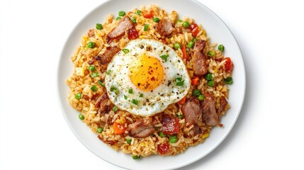 Isolated top view of American fried rice with pork and egg on a white background. Clipping path for clean display