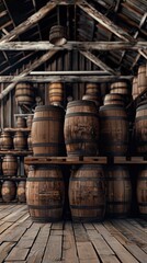 Stacked Wooden Whiskey Barrels in Vintage Warehouse With Rustic Charm and Natural Lighting