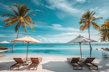 Luxurious Beach Resort With Swimming Pool and Palm Trees Under a Blue Sky