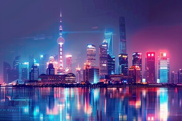 Vibrant Nighttime Panoramic View of Modern Skyscrapers and Financial Towers in Shanghai’s Urban Skyline