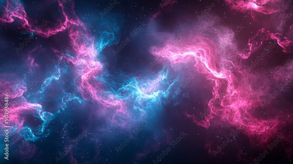 Poster an abstract image representing the vastness of space with swirling nebulae in vibrant pink and blue 