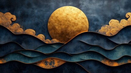 A tranquil sunset with a golden sun illuminating textured waves and artistic clouds