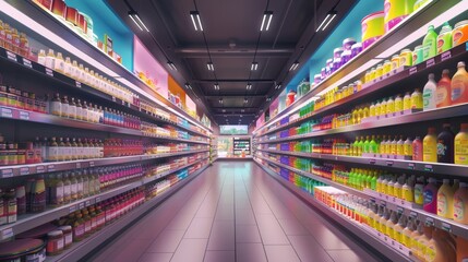 Supermarket aisle with shelves full of colorful products.