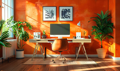 A stylish home office with orange walls, plants, and a sleek desk illuminated by sunlight