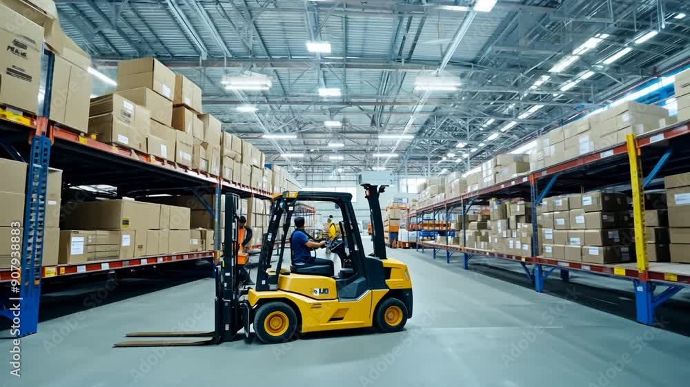 Aufkleber warehouse workers with forklift in action generative ai
