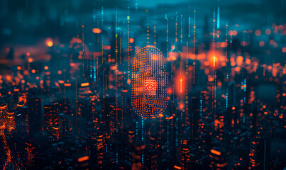 Obraz premium A glowing fingerprint stands out amidst a futuristic city skyline illuminated by digital data