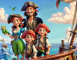 A cheerful family of pirates on the deck of a ship