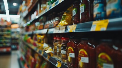 Naklejka premium Supermarket Shelf with Canned Goods.