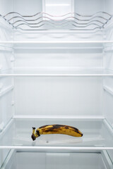 Moldy spoiled banana in the refrigerator. Improper storage, spoiled product, expired concept. Part...