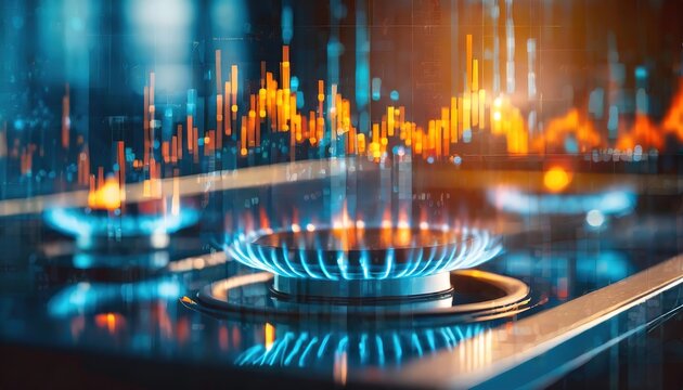 A gas stove burner with data visualization graphs overlay. - Powered by Adobe