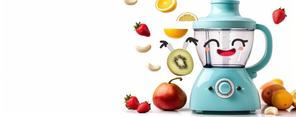 Happy cartoon blender with a smiling face, surrounded by floating fruits and nuts, symbolizing healthy and fun smoothie preparation.