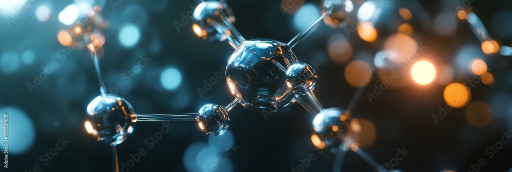 Poster a close-up of a shiny molecular structure with a blurred background of bokeh lights. it symbolizes c